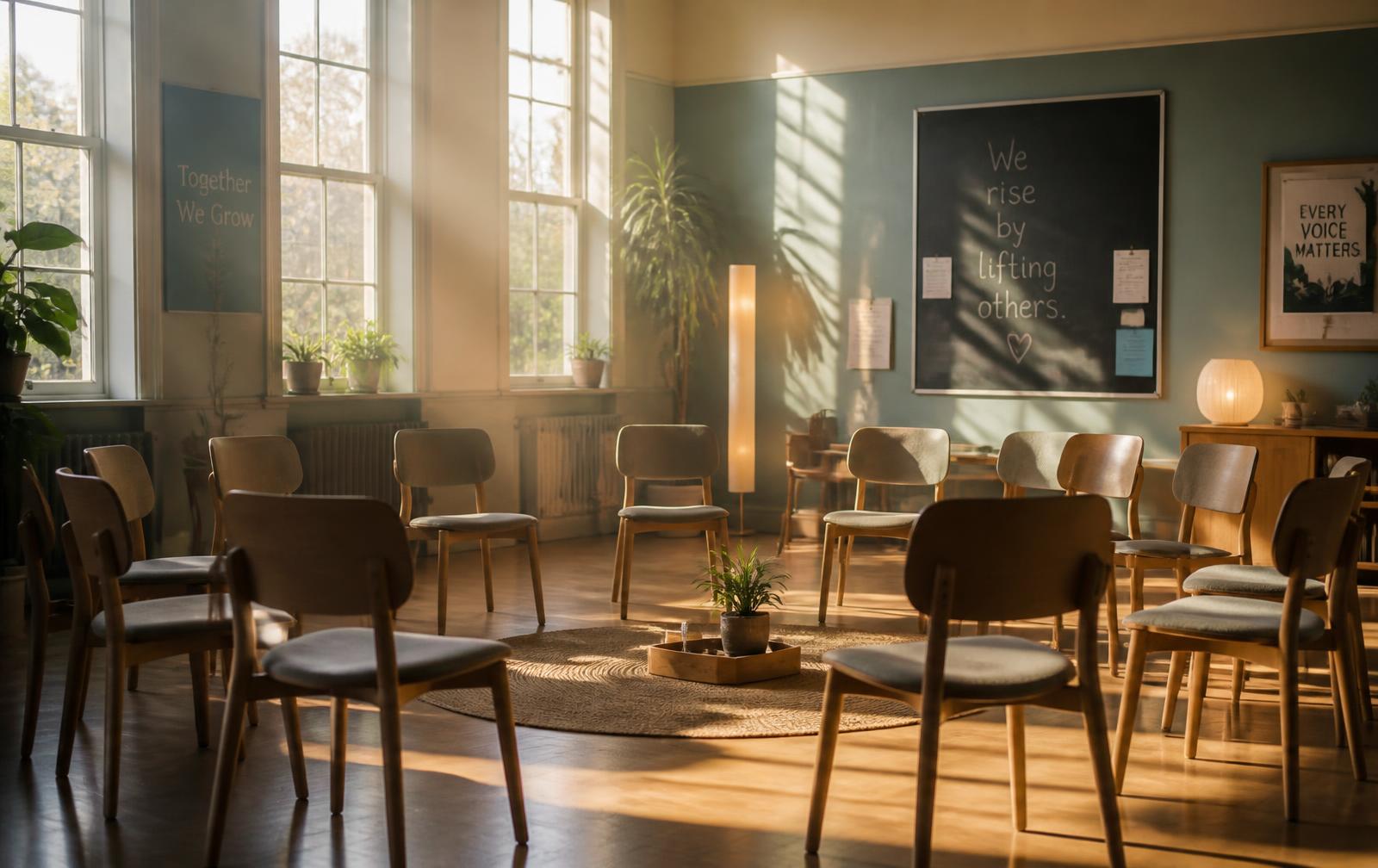 Sunlit meeting room at Clayton House with a circle of chairs ready for a recovery group